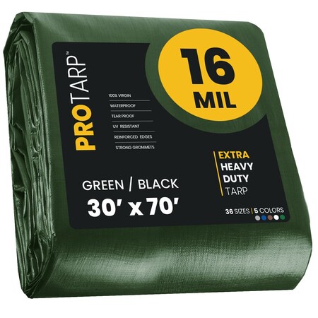 Heavy Duty Tarp, 30 ft x 70 ft, 16 Mil, Green/Black, Polyethylene